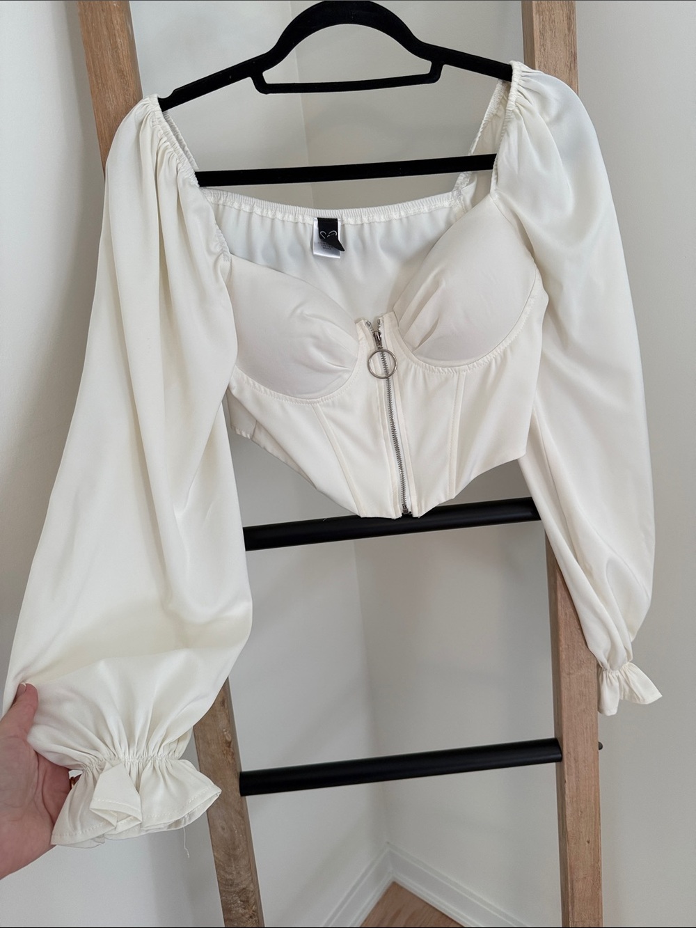 Windsor Off-White Corset Crop Top with Puff Sleeves